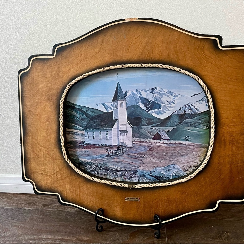 Vintage Wooden Framed Mountain Church Art 22/26 inch